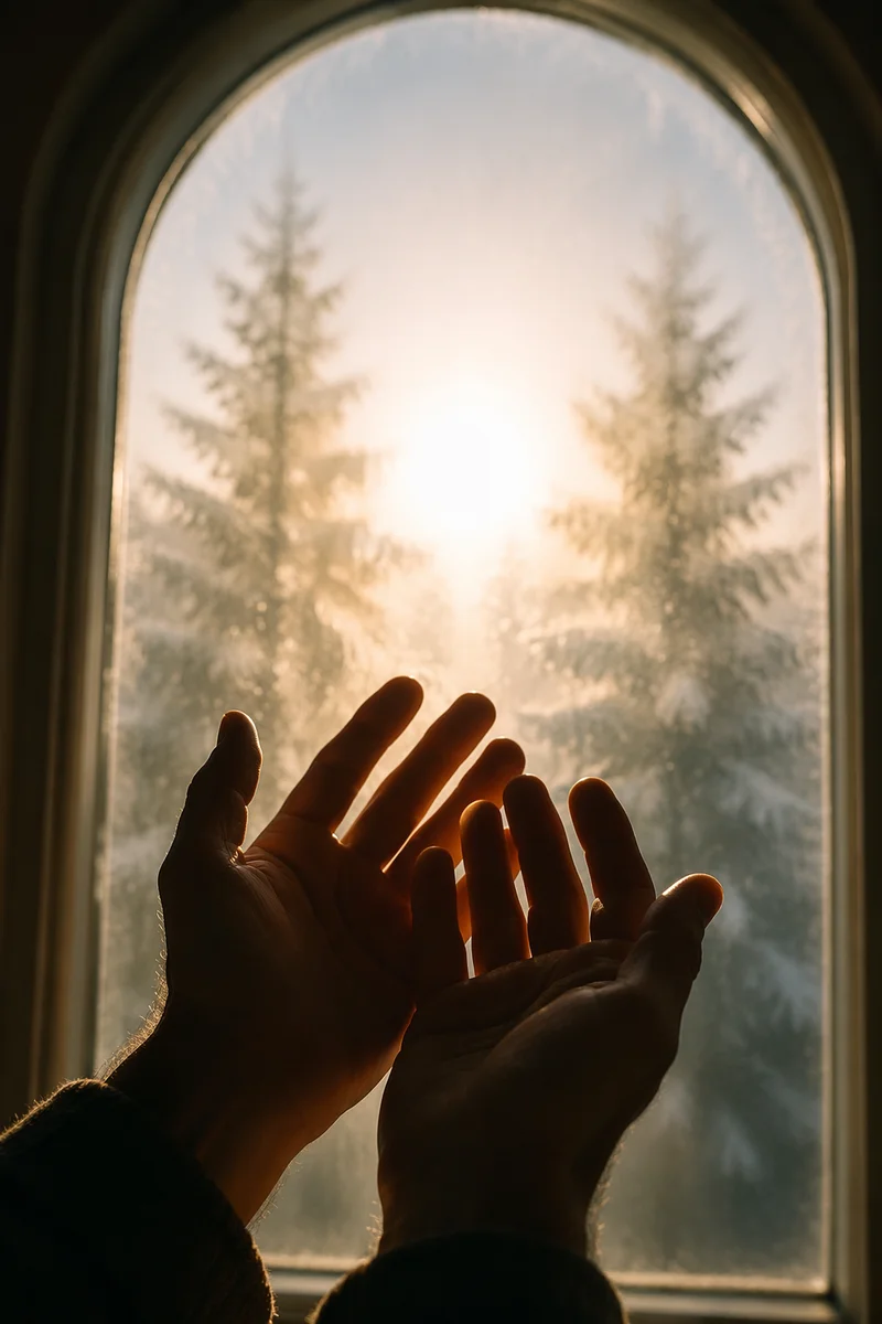 Hands Reaching Toward Winter Light