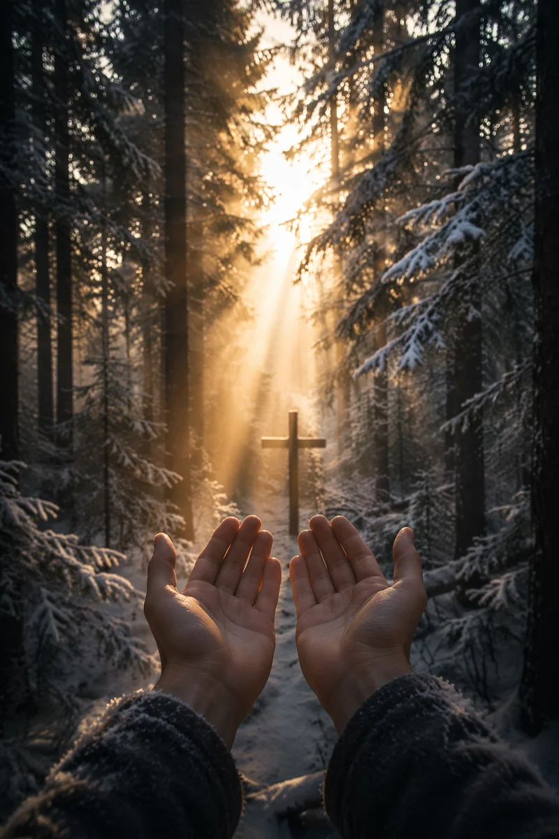 Hands Reaching Toward Light in Evergreen Forest