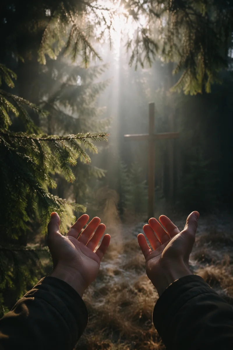 Hands Reaching Toward Winter Forest Light