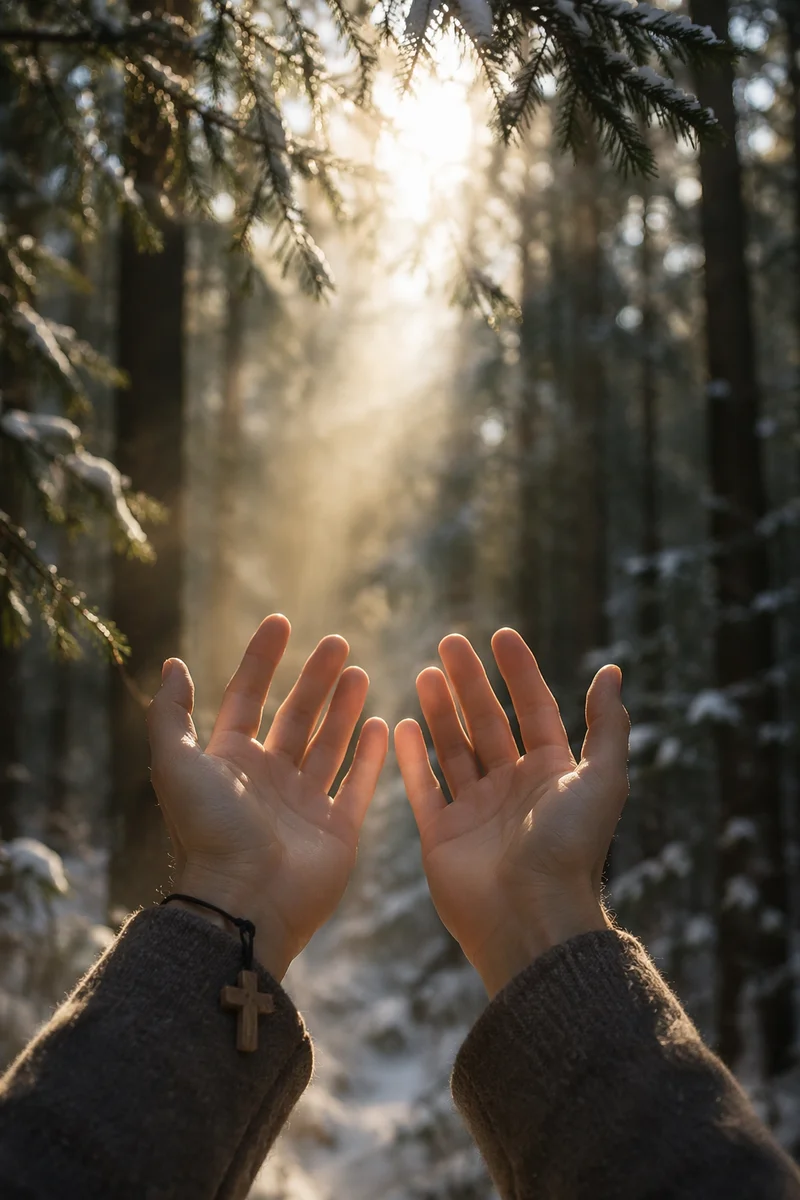 Hands Reaching Toward Light in Evergreen Forest