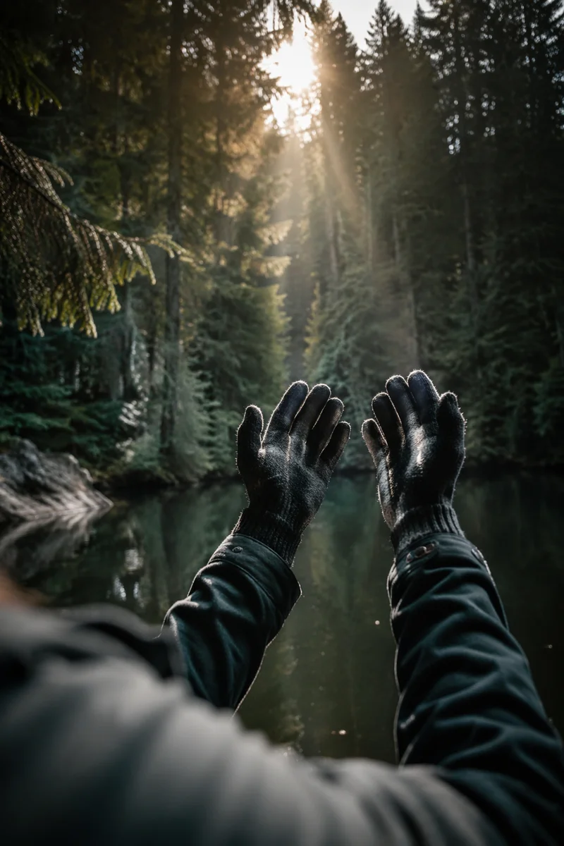 Gloved Hands Reaching Toward Forest Light