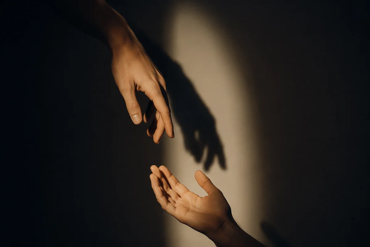 Hands Reaching Toward Warm Light