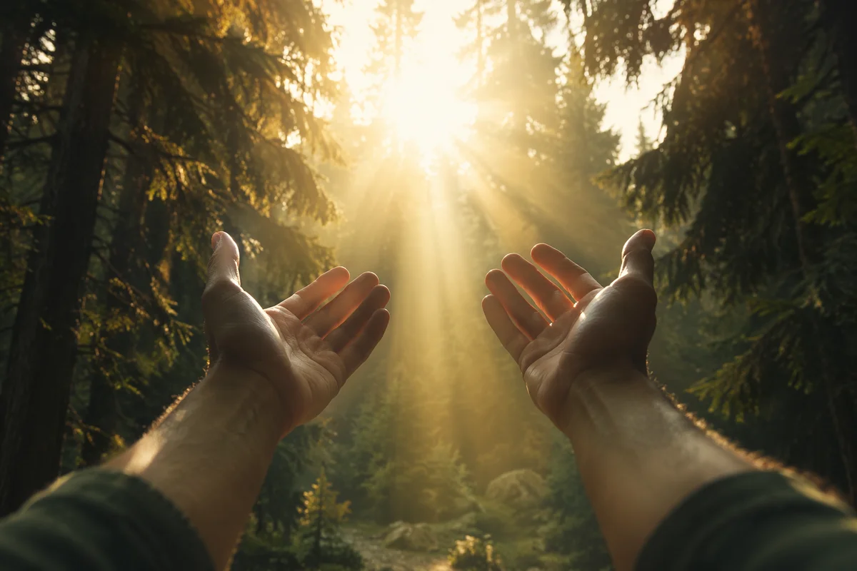 Hands Reaching Toward Light in Evergreen Forest