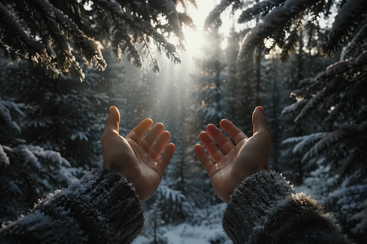 Hands Reaching Toward Winter Forest Light