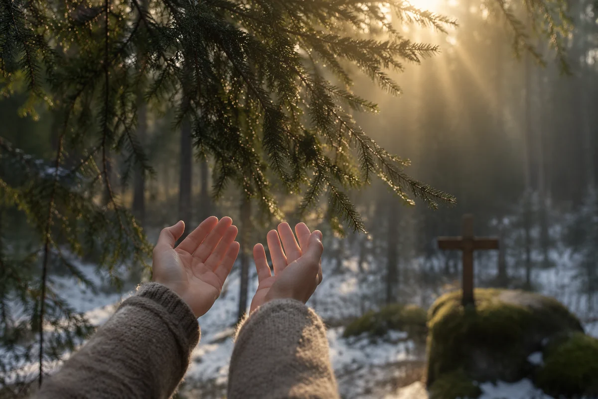Hands Reaching Toward Light in Evergreen Forest