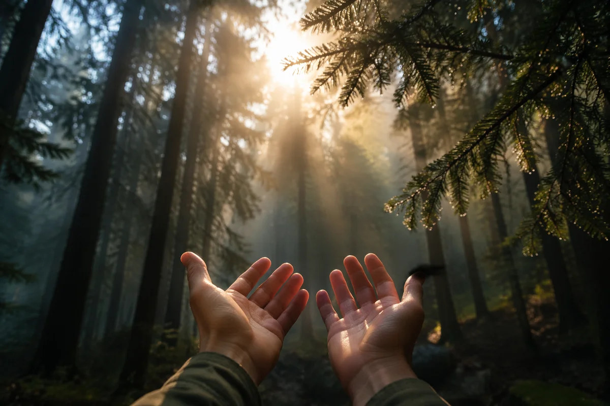 Hands Reaching Toward Forest Morning Light