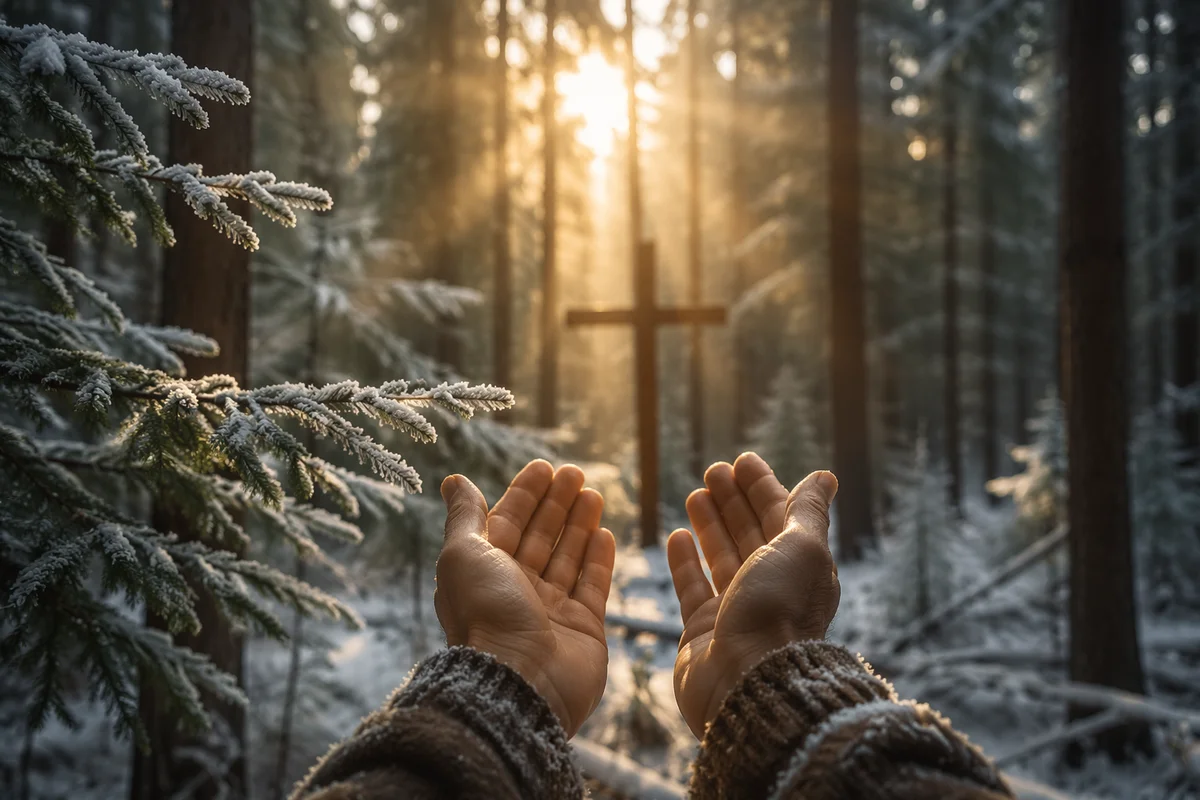 Hands Reaching Toward Golden Forest Light