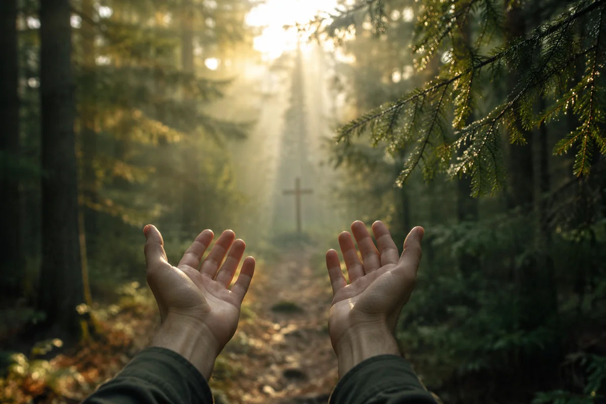 Praying Hands Reaching Toward Forest Light