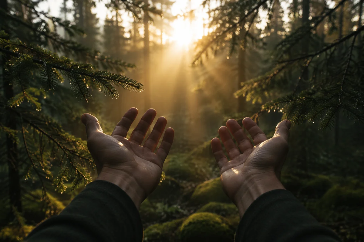 Hands Reaching Toward Morning Light in Pines