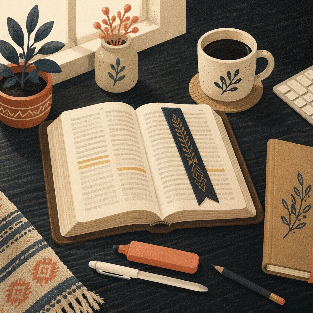 Highlighted Bible Study Desk with Coffee