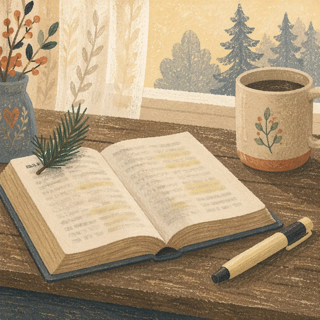 Highlighted Bible with Evergreen Sprig