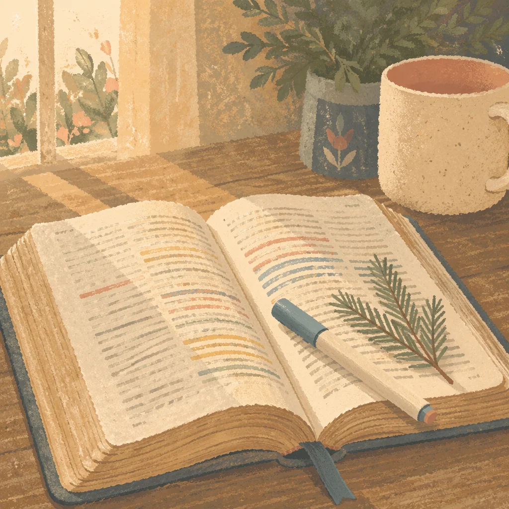 Highlighted Bible with Marker and Evergreen Sprig