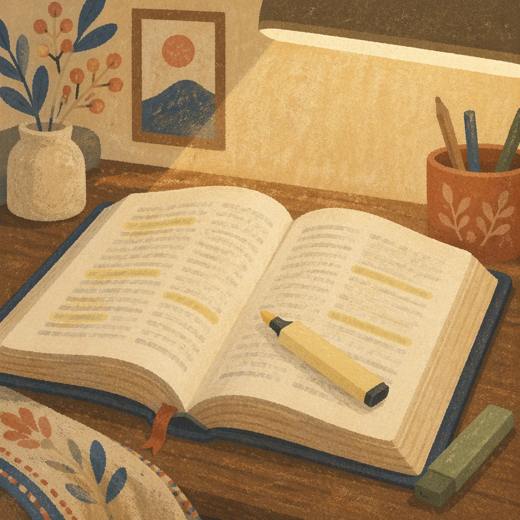 Highlighted Bible Passages on Wooden Desk