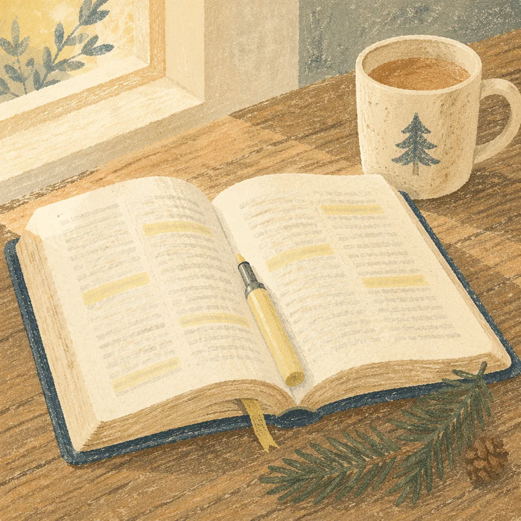 Open Bible with Marker and Evergreen Sprig