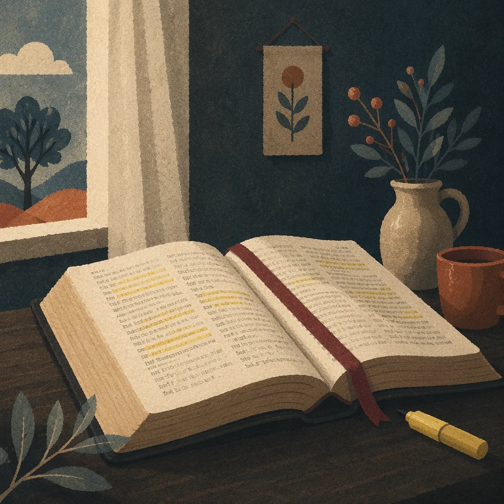 Highlighted Bible Passages with Burgundy Ribbon