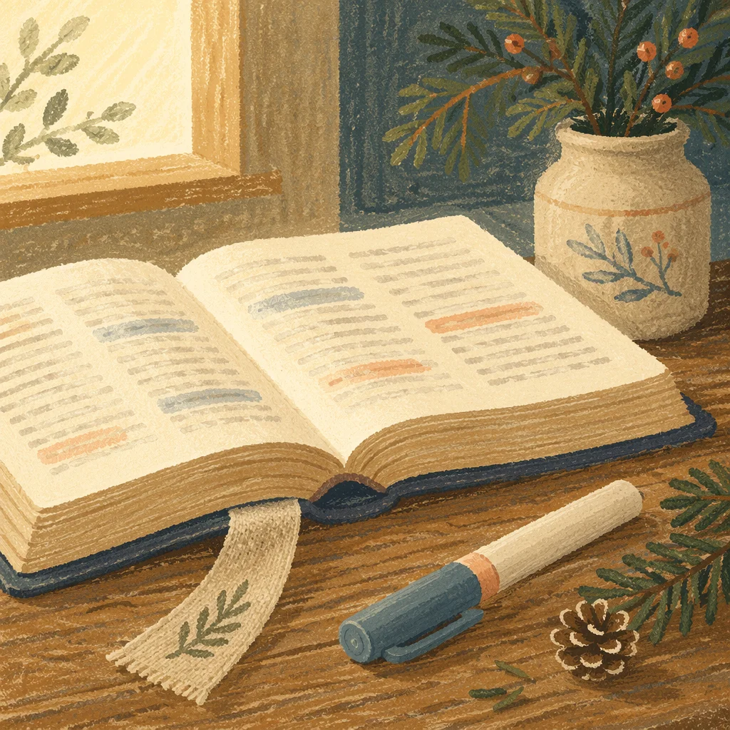 Highlighted Bible Passages with Evergreen Sprigs