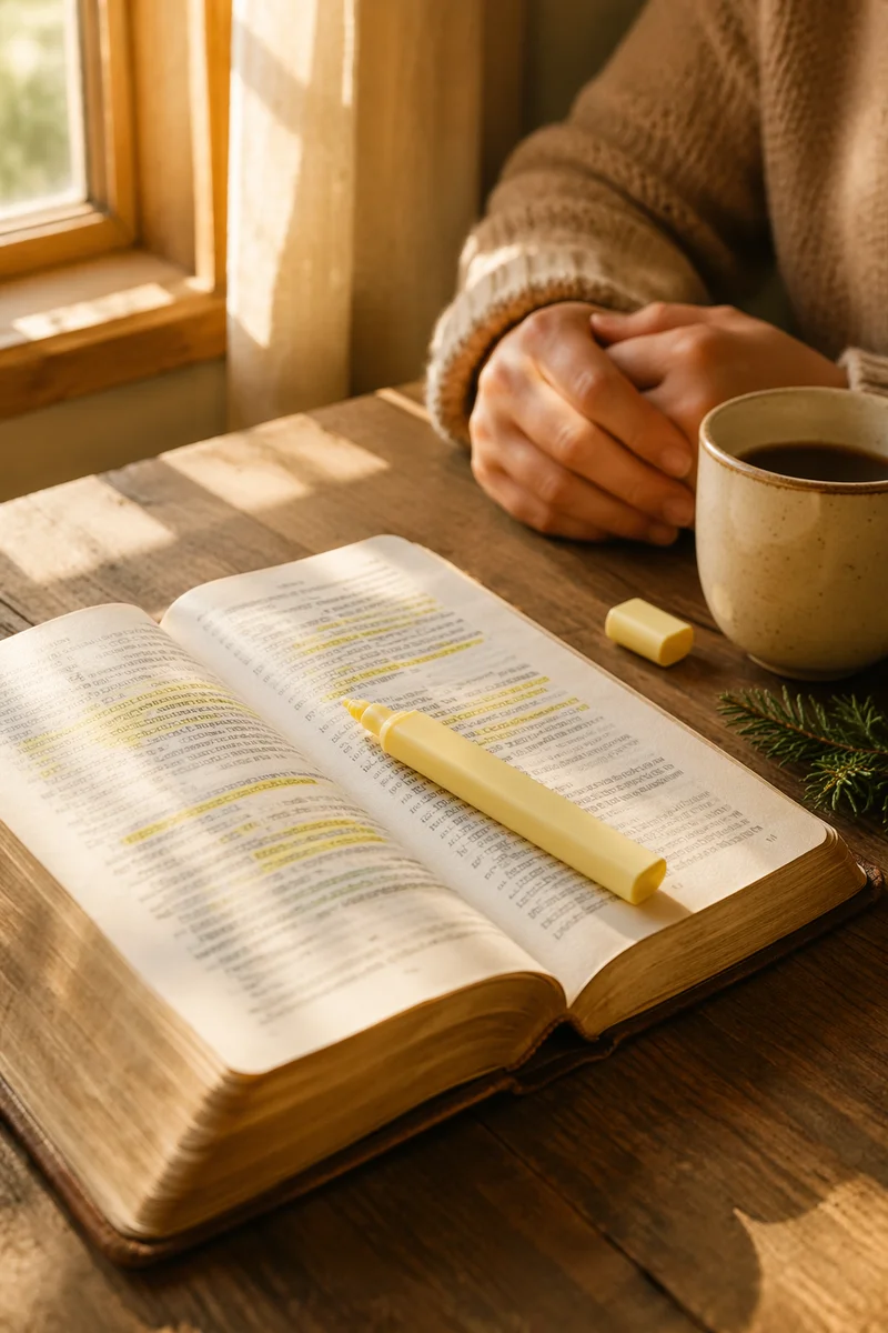Highlighted Bible Study with Evergreen Sprig