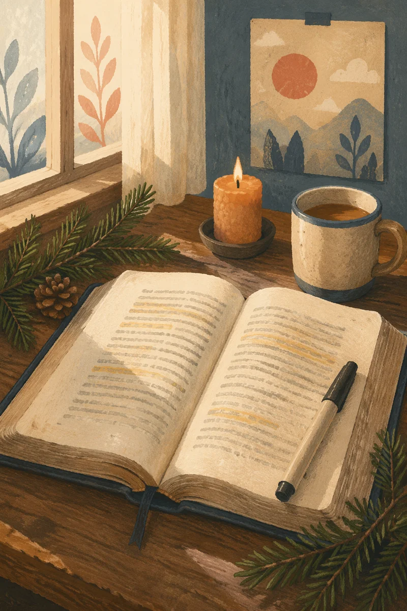 Open Bible with Marker and Evergreen