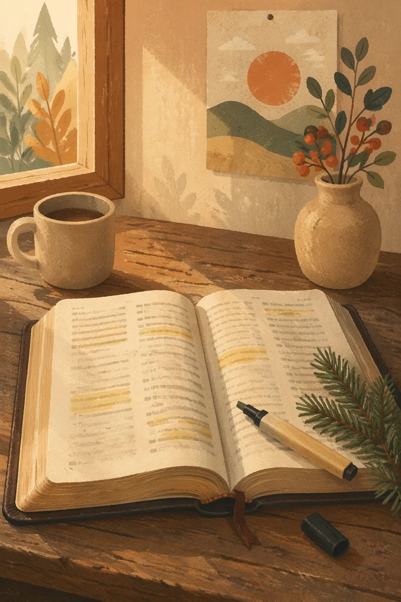 Highlighted Bible with Evergreen Morning Light