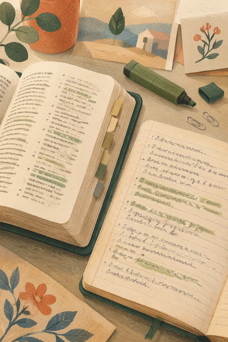 Evergreen Highlighted Bible Passages on Study Desk