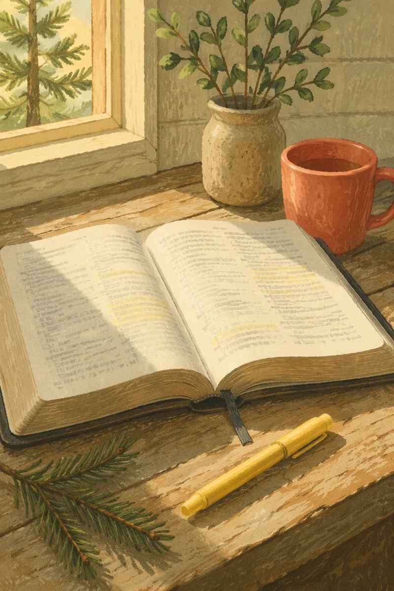 Highlighted Bible with Evergreen Morning Devotion