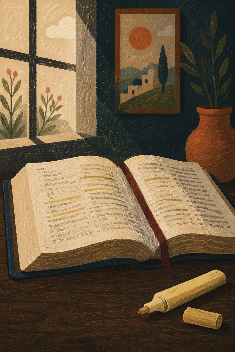 Highlighted Bible Passages with Burgundy Ribbon
