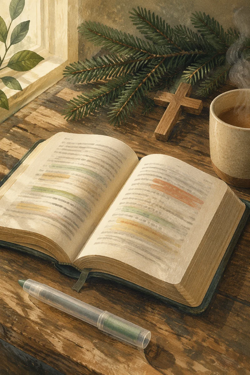 Open Bible with Marker and Evergreens