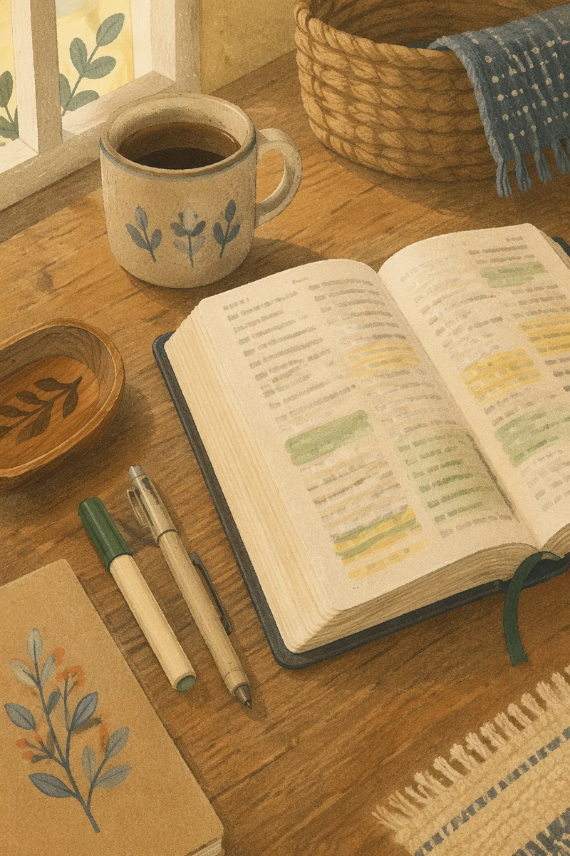 Highlighted Bible Passages on Rustic Table