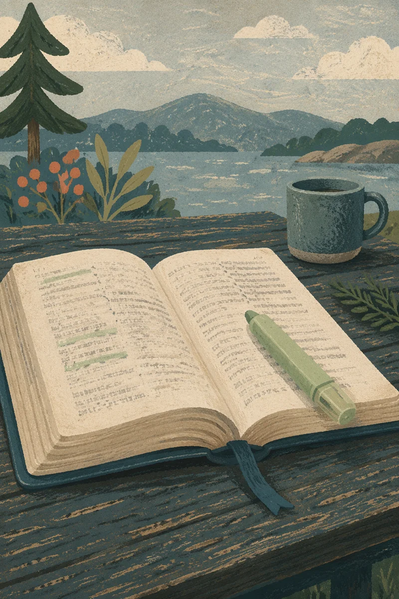 Evergreen Highlighted Bible on Weathered Table