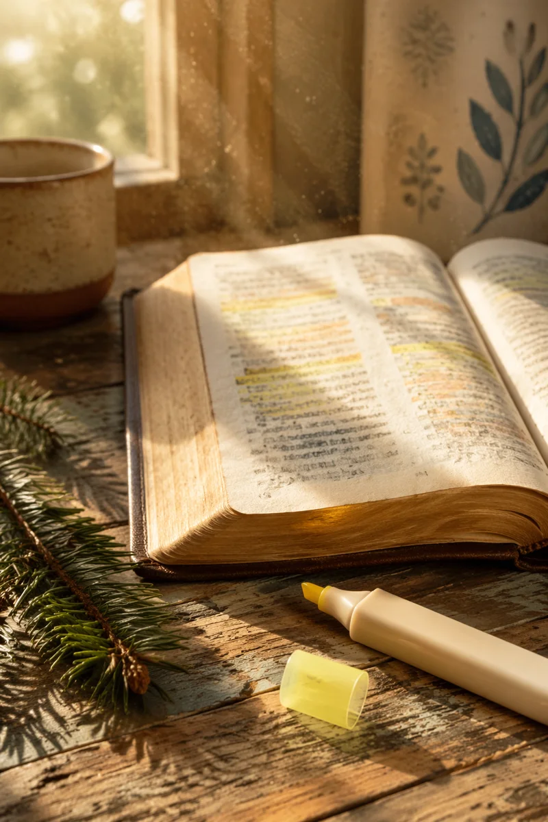 Open Bible with Evergreen and Marker