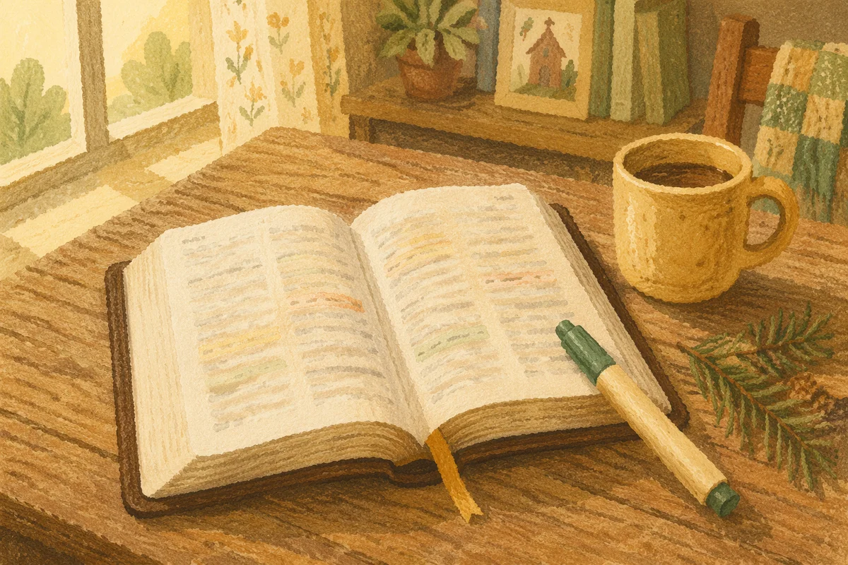 Highlighted Bible Study with Evergreen Sprig