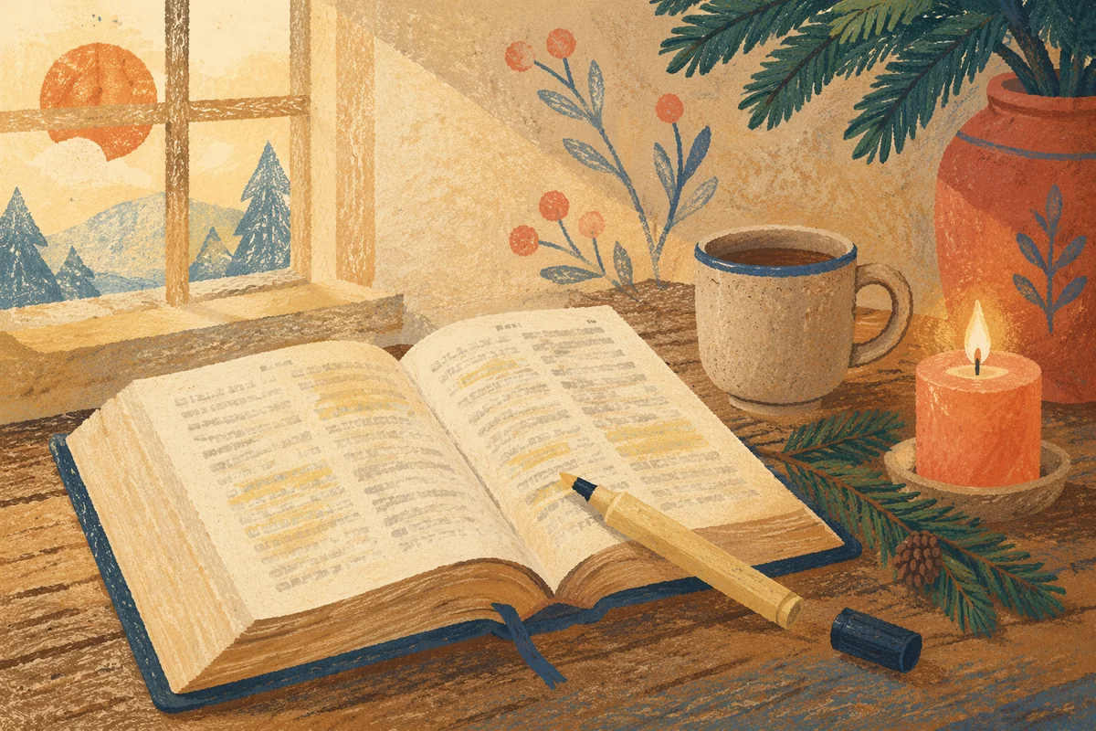 Open Bible with Marker and Evergreen