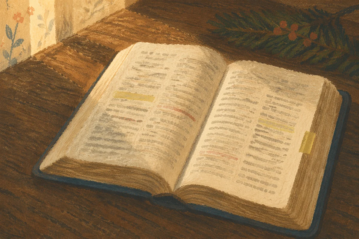 Highlighted Bible Pages on Wooden Table