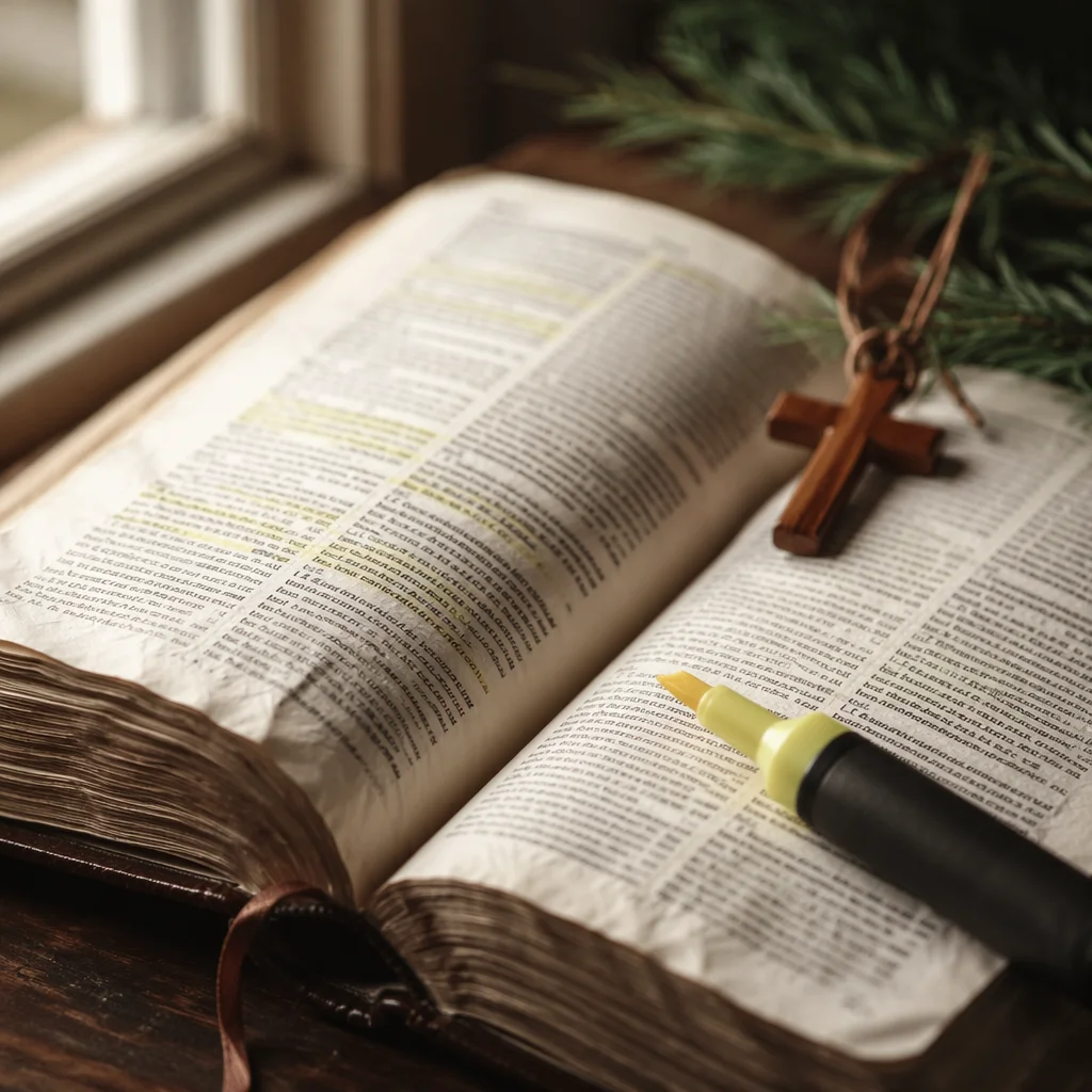 Highlighted Bible Passage with Evergreen Cross