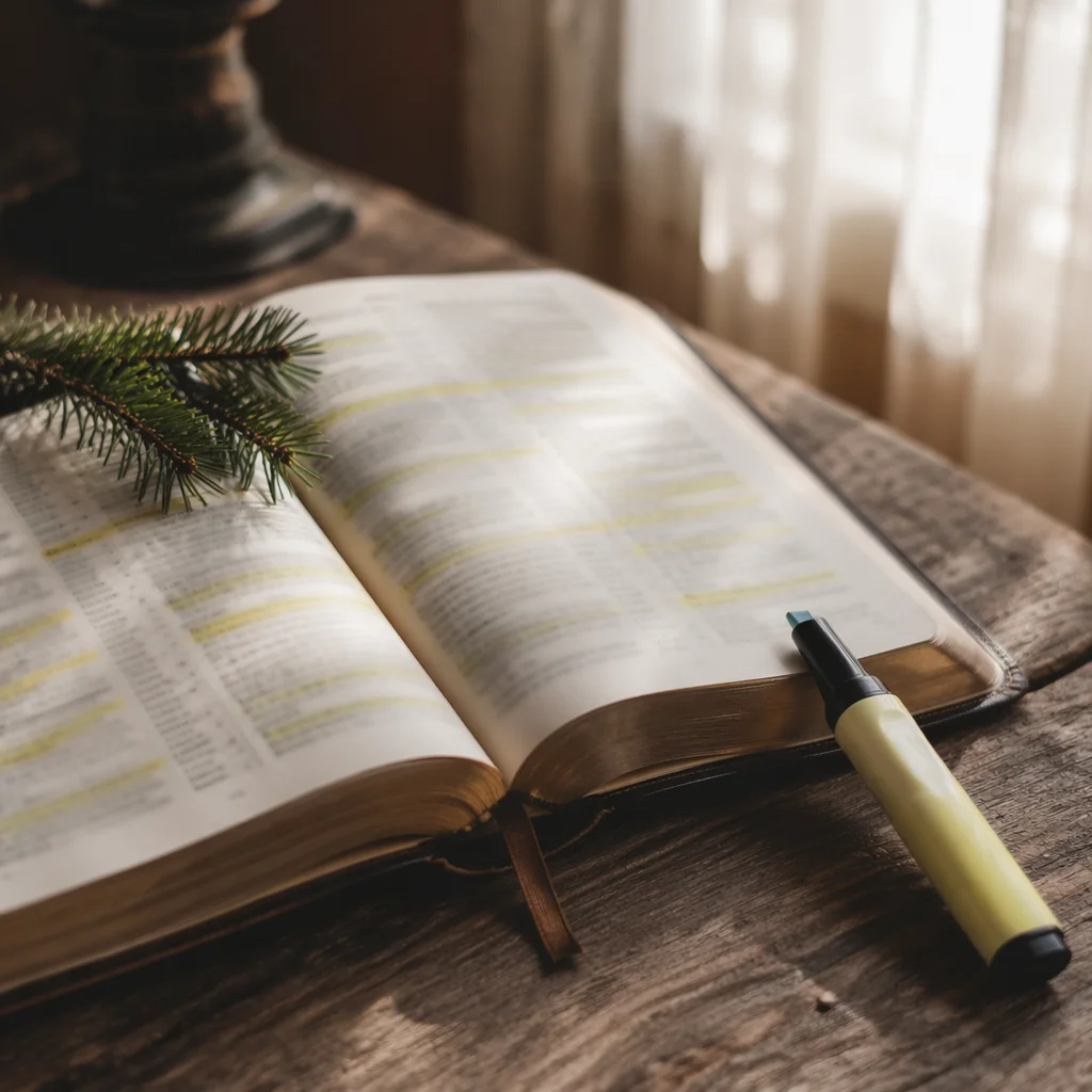 Highlighted Bible with Evergreen Sprig and Marker
