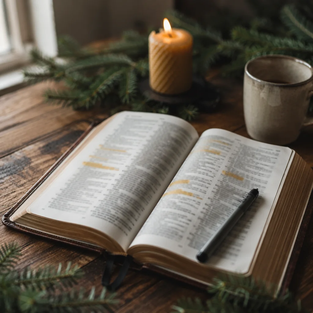 Open Bible with Marker and Evergreen