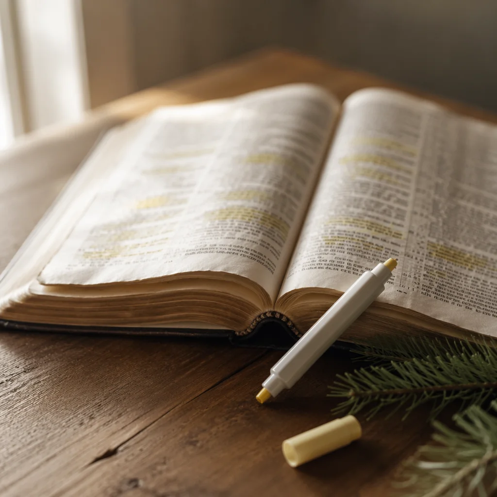 Highlighted Bible Study with Evergreen Sprig