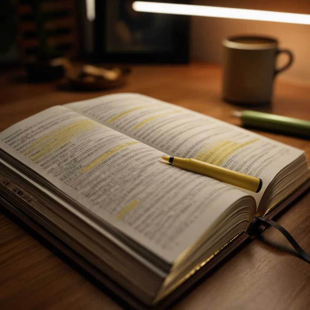 Highlighted Bible Passages on Wooden Desk