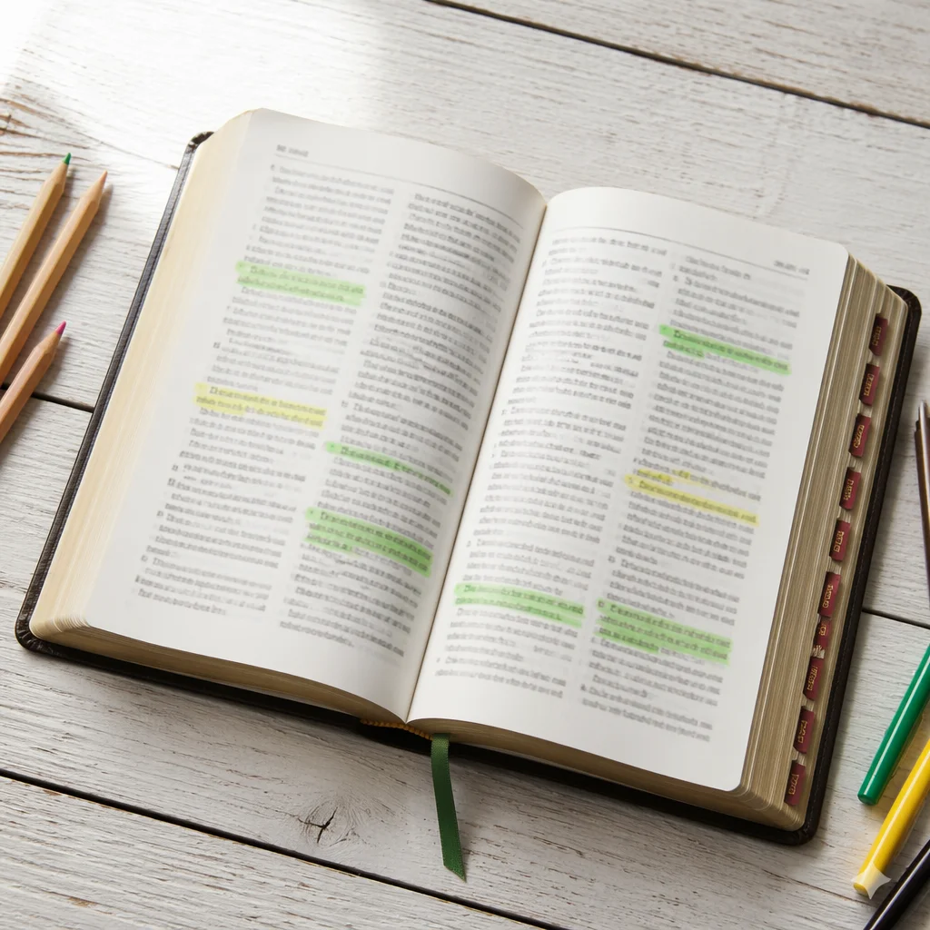 Evergreen Highlighted Bible Study on White Wood