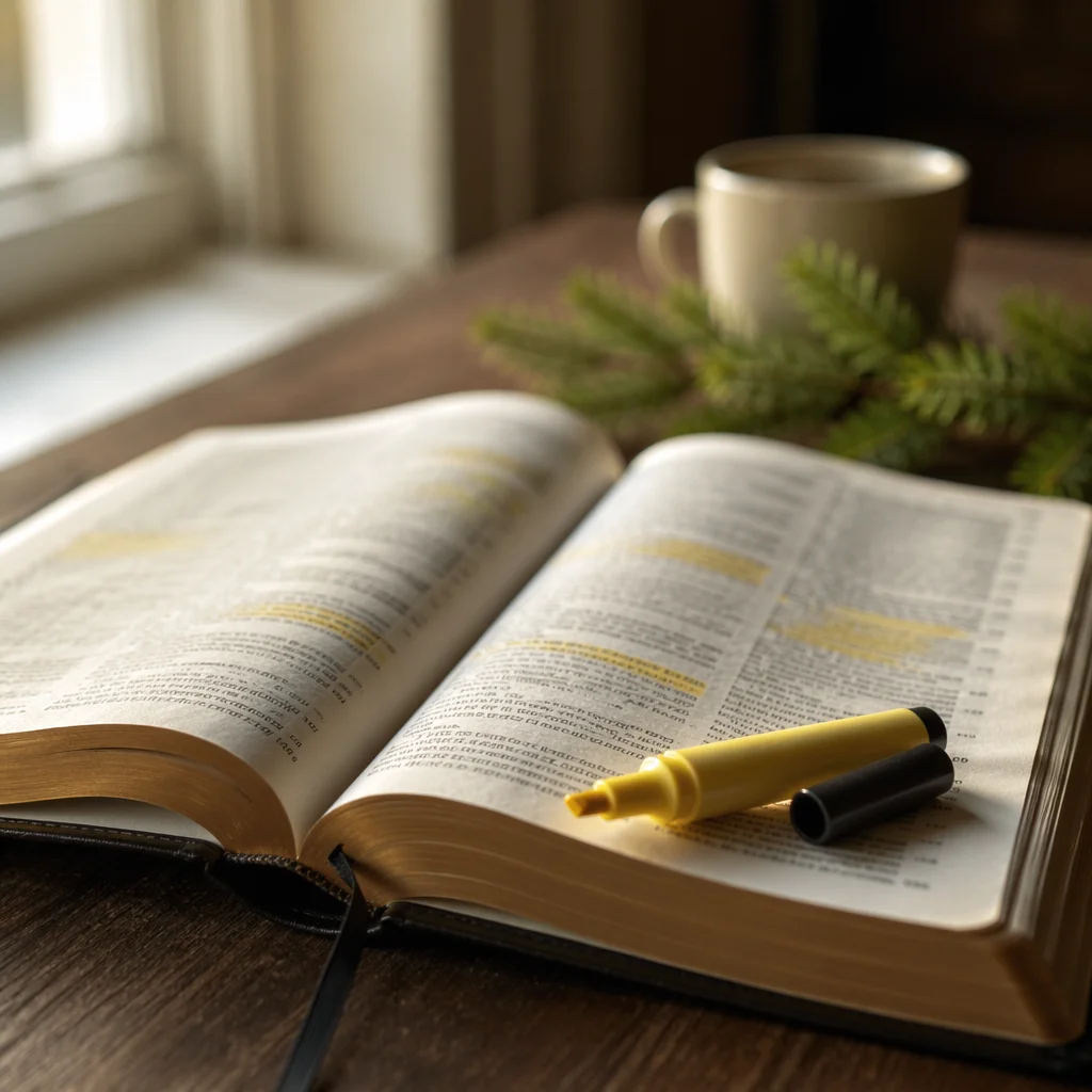 Highlighted Bible Passages with Evergreen Sprig