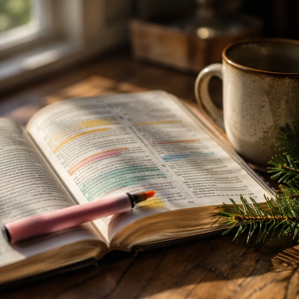 Highlighted Bible Passages with Marker and Evergreen