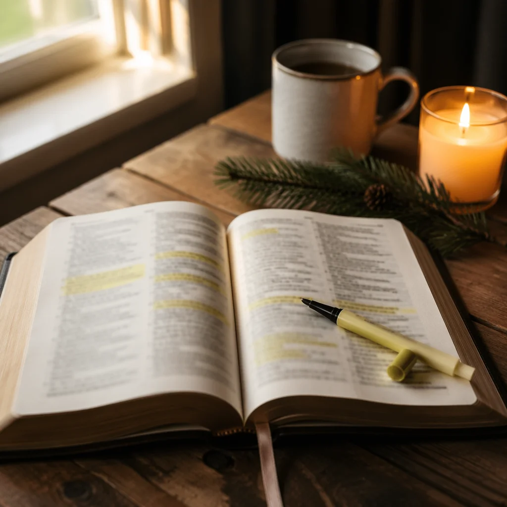 Open Bible with Marker and Evergreen