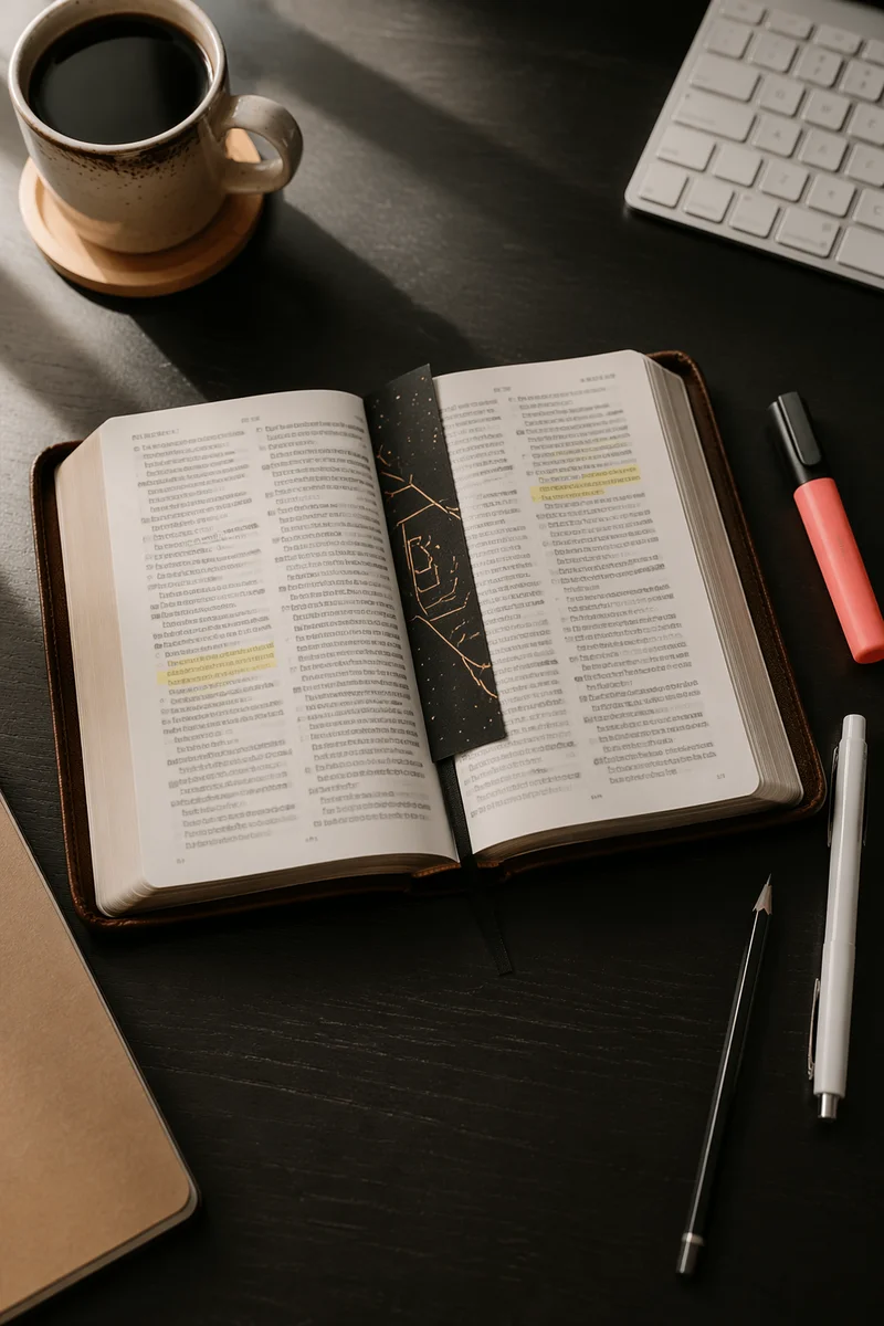 Highlighted Bible Study on Black Desk