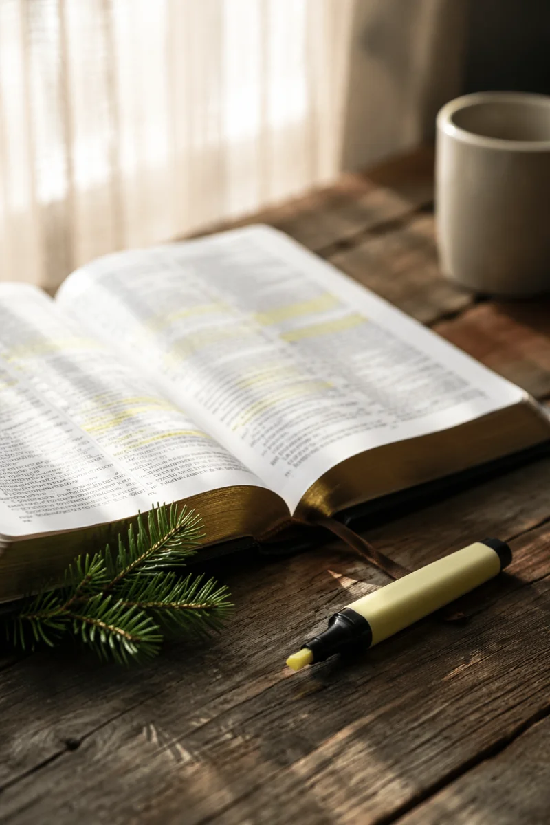 Highlighted Bible Study with Evergreen Sprig