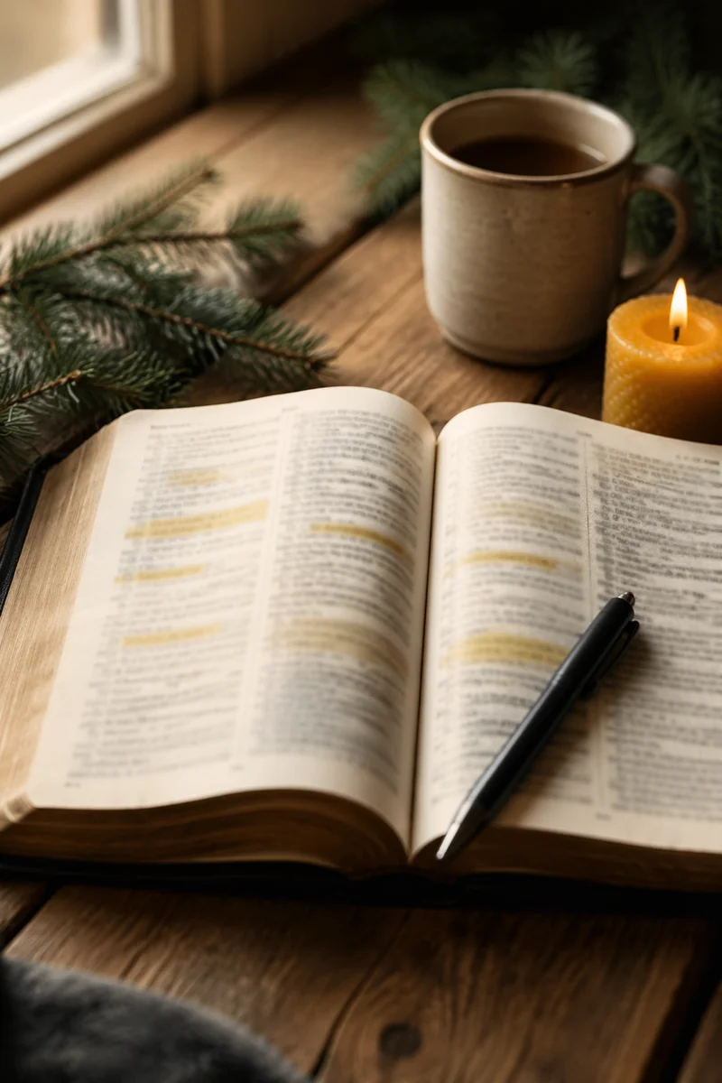 Open Bible with Marker and Evergreens