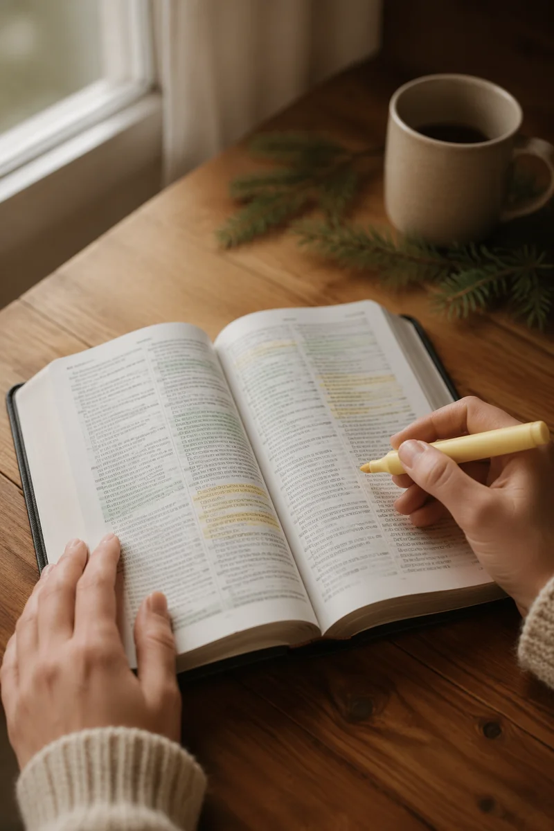 Open Bible with Marker and Evergreen