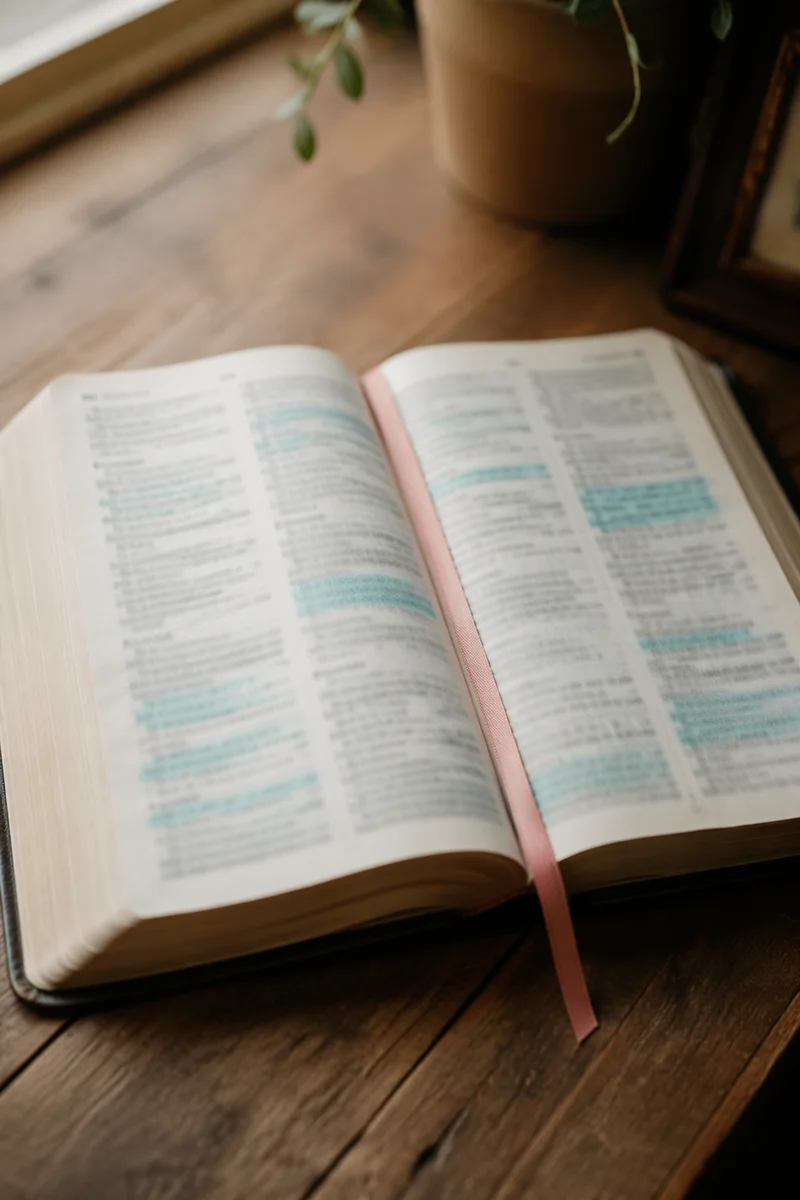 Highlighted Bible Passages on Rustic Table