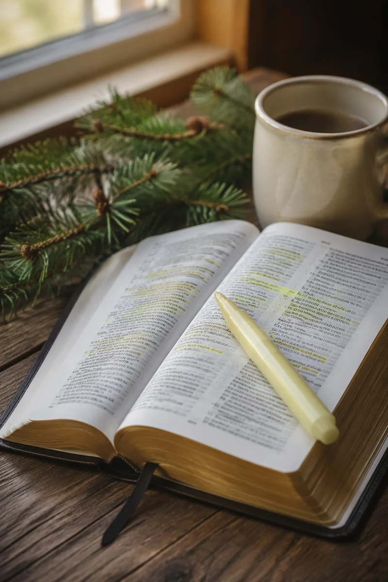 Open Bible with Evergreen and Marker