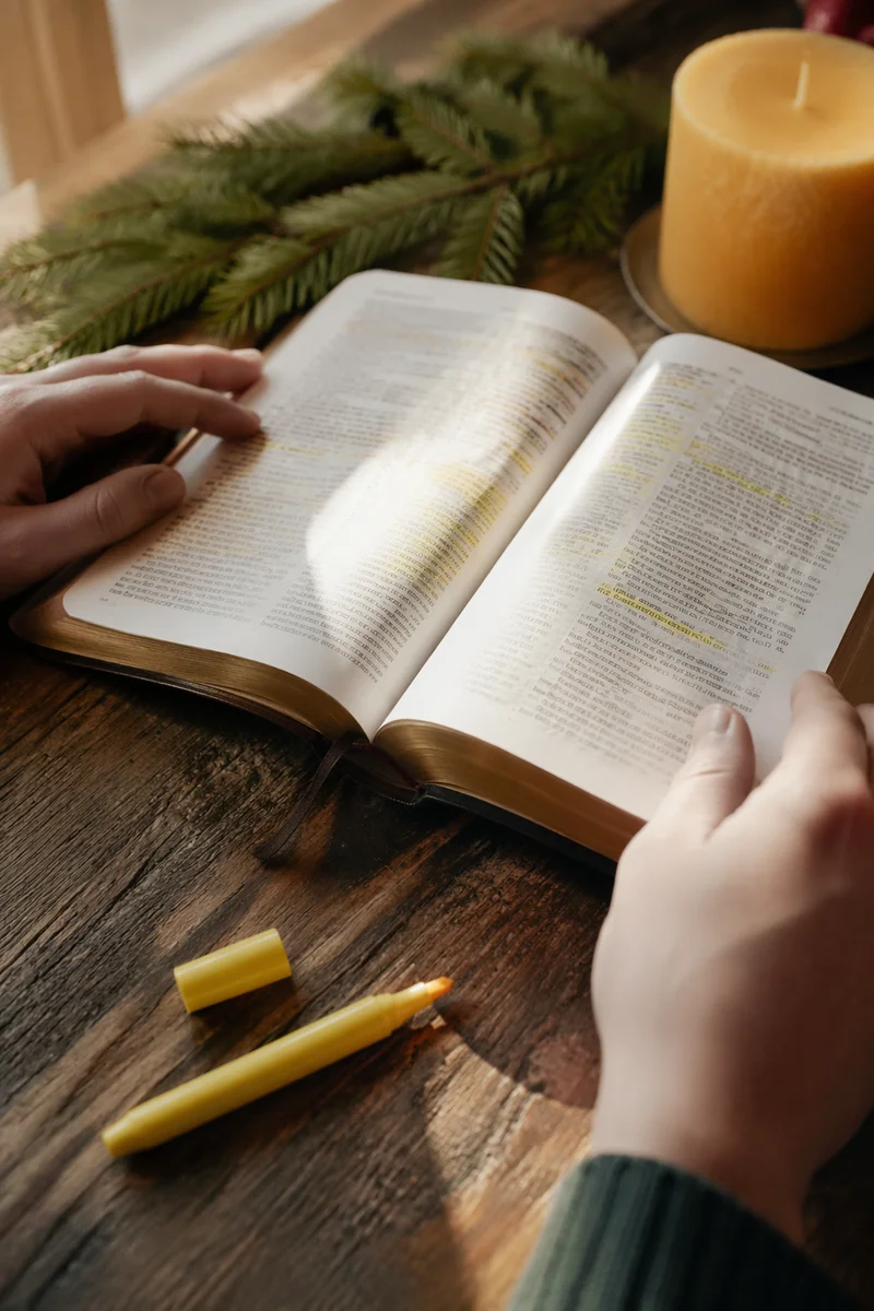 Highlighted Bible Study with Evergreen Candle
