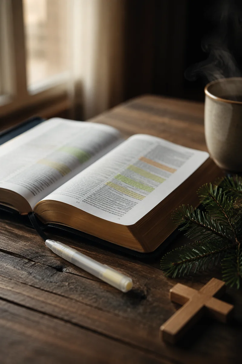 Open Bible with Marker and Evergreen